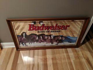 Large Vintage Budweiser Beer Clydesdale Horse Mirror Bar Sign 52 " King Of Beers