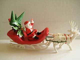 Vintage Plastic Santa On Sleigh With Reindeer