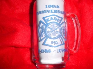 Kane,  Pa Fire Department 100th Anniversary Glass Mug 1986 Vguc Usa