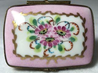 Vintage Limoges - Peint Main - Porcelain Trinket Box - Pink With Floral Spray