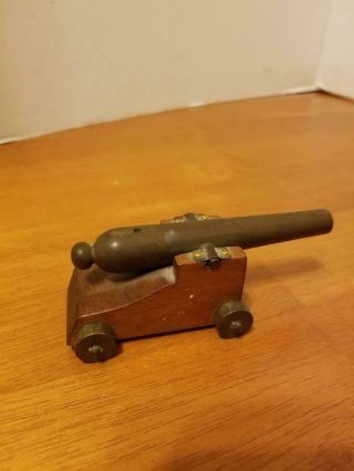 Vintage Brass Cannon And Wood Metal Car With Wheel