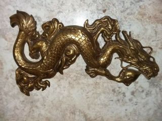 Vintage Cast Metal Bronze Brass Look 16 " Long Dragon Or Sea Serpent Wall Plaque
