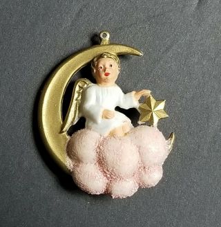 Vintage Hard Plastic Angel On Pink Clouds / Moon Ornament Mica Glitter Germany