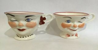 Vintage Pair 50s Sterling Pottery England Winking Man/woman Cups Lipton Tea Lhl