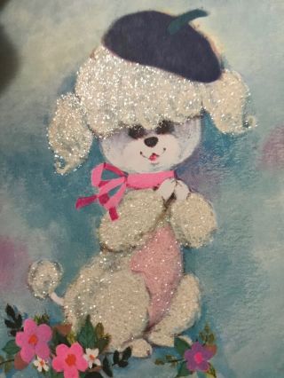 Vintage Greeting Card Pink White Poodle Puppy Dog Glitter Buzza Cardozo