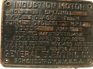 Vintage General Electric Ge Induction Motor Brass Plaque