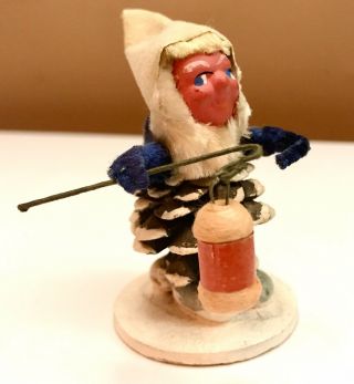 Vtg Putz - Pinecone Elf - Gnome - Lantern - Pole Xmas Ornament - Spun Cotton - Beard - Japan