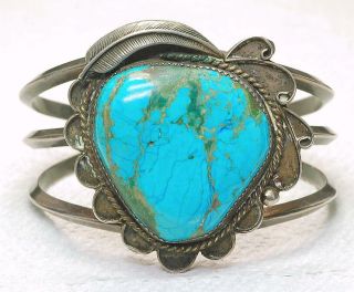 Vintage Native American Sterling Silver & Large Turquoise Cuff Ladies Bracelet
