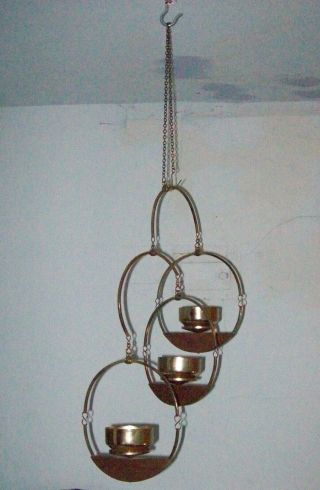Mid Century Modern Hanging Mobile Of Metal And Wood,  For Plants Or Candles Retro