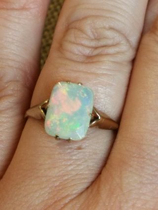 Vtg Emerald Cut Solid Precious White Rainbow Fire Opal Ring 9ct Gold Size N 7