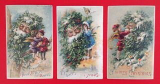 Vintage Hold - To - Light Santa Postcards (3) Fantasy Mistletoe Santa Faces - Stunning