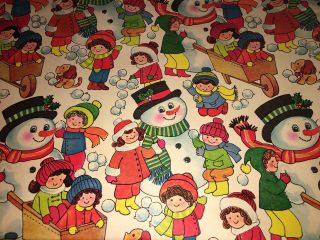 Vtg Christmas Wrapping Paper Gift Wrap 1960 Snowmen Puppy Winter Snow Kids Nos