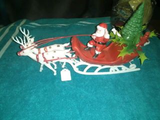 Vintage Plastic Christmas Decoration Santa With Sleigh And 2 Reindeer