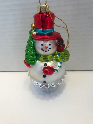 Blown Glass Cupcake Snowman Christmas Ornament 5” Tall.