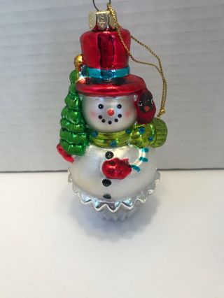 Blown Glass Cupcake Snowman Christmas Ornament 5” Tall. 2