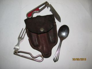 Vintage 1940s 50s Boy Scouts Of America Knife Fork & Spoon Set W/ Leather Pouch