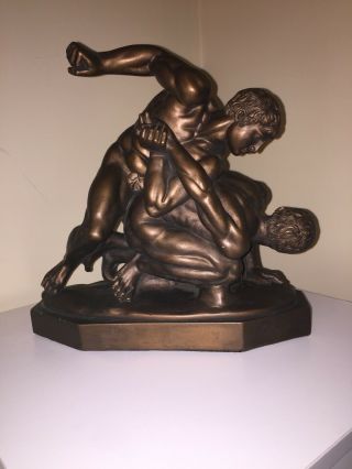 Austin Prod Inc Two Men Wrestling Statue 12”x 11.  5” 1969 Bronze Color Plaster