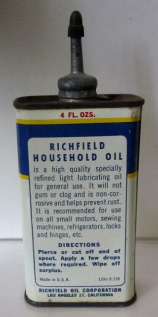 c1950s Richfield Household Oil lead top handy oiler tin full 3