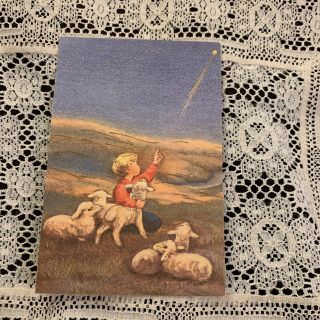 Vintage Greeting Card Christmas Brownie Shepherd Boy Sheep Rust Craft