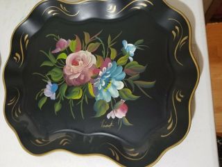 Vintage Hand Painted Roses Floral Tole Tray Nashco 17 " X 13 "