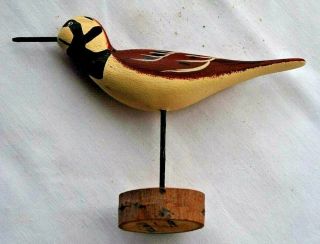 Vintage Shore Bird Hand Carved And Painted Wood On Wood Stand Beach Decor Signed