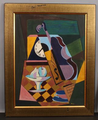 Vintage Abstract Cubist Stillife Gouache Painting Sheet Music & Cello Instrument