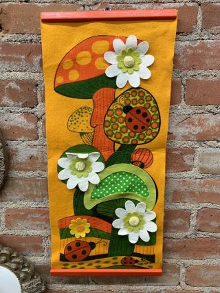 Vintage Mid Century Felt Art Wall Hanging Flower Power Mushroom Orange Green