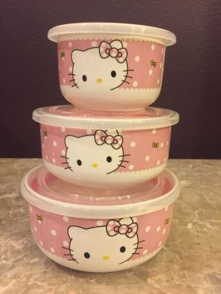 Hello Kitty 3 Piece Ceramic Kitchen Bowl Set W/lids,  Pink & White,  Polka Dot
