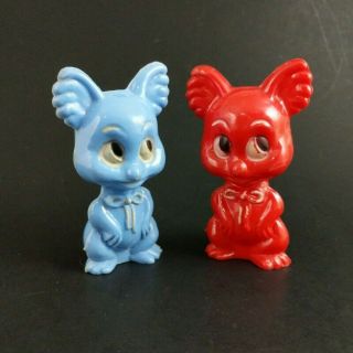 Vintage Hard Plastic Rattle Toy Red Blue Animal Ears Rabbit Bear Dog Pair Retro