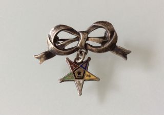 Vintage 925 Sterling Silver Enamel Masonic Eastern Star Ribbon Bow Pin Brooch