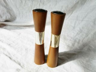 Vintage Tall Wooden Slender Pillar W/ Metal Middle & Top Salt & Pepper Shakers