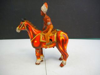 Vintage Mikuni Japan Wind - Up Tin Toy Fierce Indian Chief W/ Horse