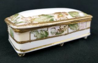 Vintage Porcelain Trinket Pill Box Raised Enamel Gold Footed Art Deco Nippon