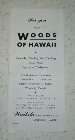 Vintage 1957 Woods Of Hawaii Monkey Pod Carvings Brochure Waikiki Hawaii