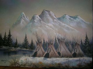 Vtg Oil Painting Americana Native American Mountain Landscape Teepee,  K.  Adams