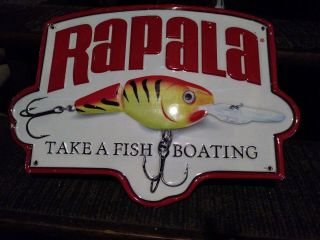Vintage Large Rapala (take A Fish Boating) Embossed Metal Sign Advertising