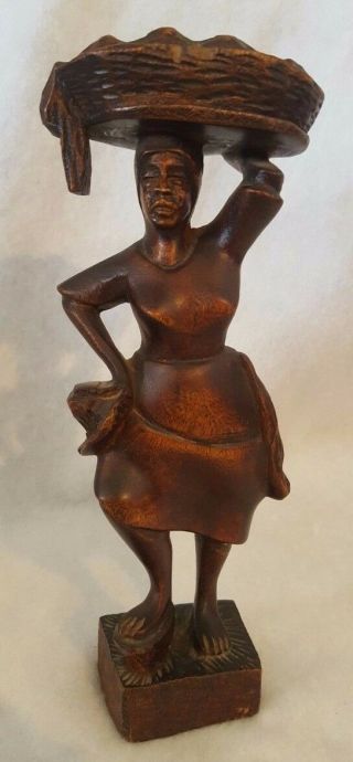 F Simeon Wood Carving Woman With Basket 10 "