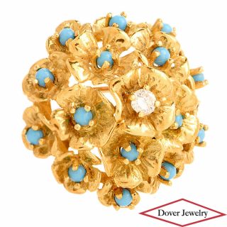 Vintage Diamond Turquoise 18k Yellow Gold Cluster Flower Pin 8.  4 Gram Nr
