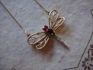 Vintage Necklace Gold 14k Dragonfly Ruby Sapphire Diamond Tail Moves H.  K.  F Lau
