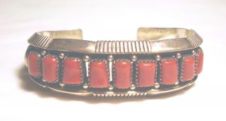 Vintage Petit Point Zuni Red Coral Sterling 925 Heavy Cuff Bracelet Signed Cem