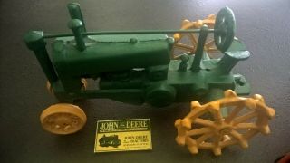 Vintage John Deere Cast Iron Toy Farm Tractor Green / Yellow Antique Heavy Cast