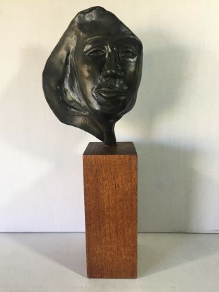 Bronze Sculpture Signed Modern Abstract Woman Bust Face Black Wood Base