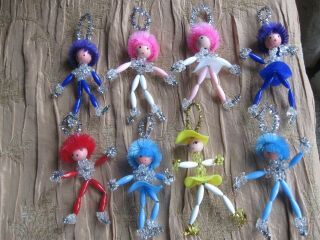 8 Vtg Beaded Ice Skater Boys Girls Wooden Heads Hand Painted Faces Pipe Cleaners