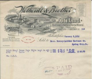 1916 Philadelpha Pa Wetherill & Bro White/red Lead Billhead Co/ship/train Graph