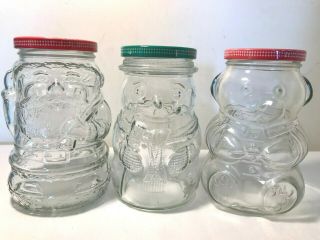 Set Of 3 Kraft Snowman,  Santa & Teddy Bear Clear Glass Jelly Jam Jars W/ Lids