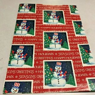 Vintage Christmas Gift Wrapping Paper Red With Snowman Seasons Greetings