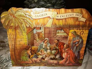 Vintage Die Cut 3d Pop - Up Embossed Christmas Nativity Cardboard Scene