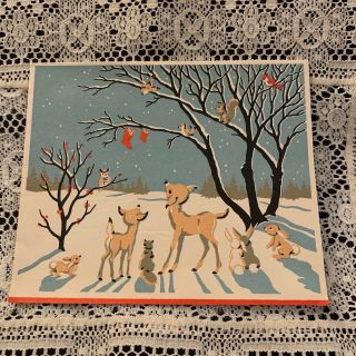 Vintage Greeting Card Christmas Animals Deer Birds Tree Snow