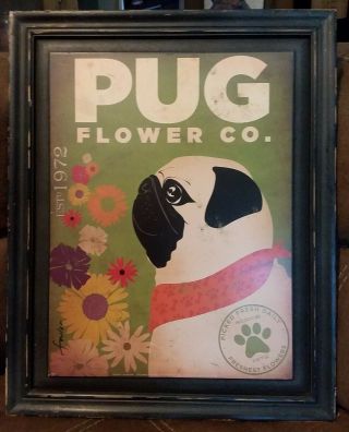 Framed Pug Dog Flower Co Est 1972 Print Retro Vintage Hippie Style 16x20