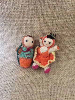 Vintage Hand Made Crochet Figurines Christmas Tree Ornaments Set Of 2